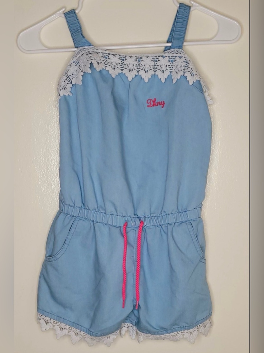 DKNY Girls Denim Romper Size 6 Floral Lace Embroidered